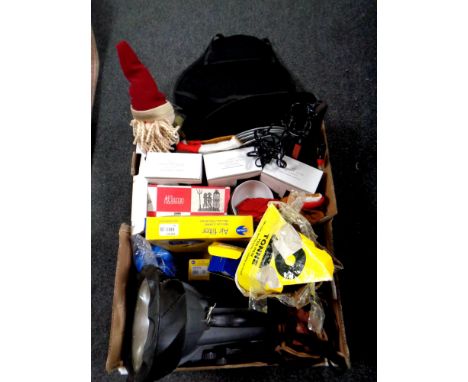 Two boxes of miscellany to include a 15 million candle power spot light, axle stands, air filters, wine glasses, santa figure
