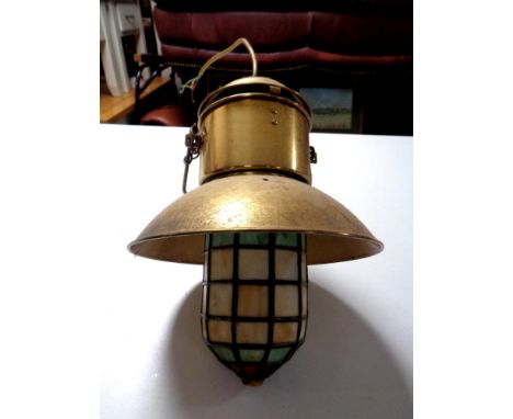 A 20th century brass ship's style pendant light fitting with leaded glass shade 
