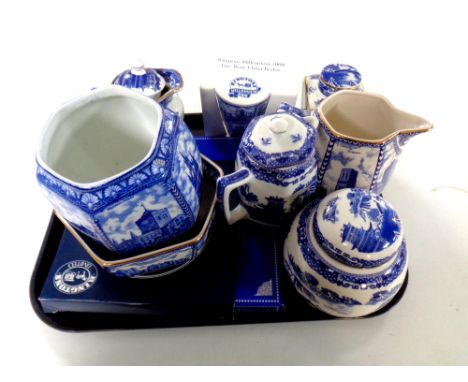 A tray containing Ringtons china to include Millennium mug, Cathedral caddy and water jug, willow patterned caddies etc   