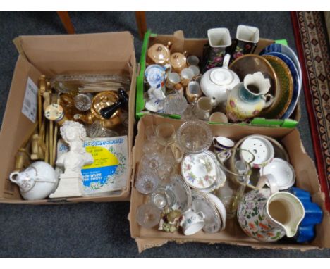 Three boxes of miscellany to include assorted glass ware, ceramics, Japanese tea service, trinket trays, wooden miniature eas