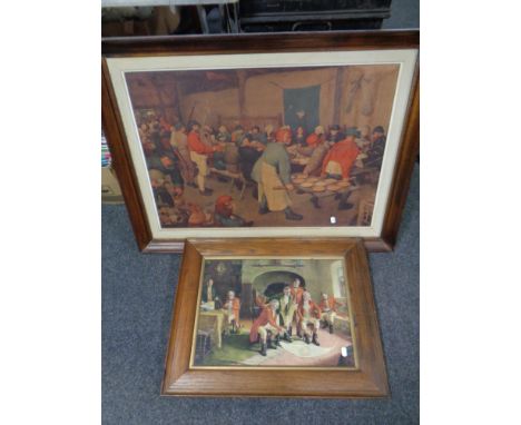 An Edwardian oak framed colour lithographic print depicting a huntsman, together with a further colour print depicting a tave