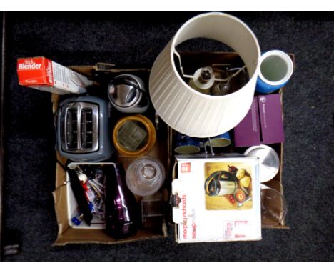 Two boxes containing miscellaneous to include kitchen electricals, glass vases, utensils, brass table lamp with shade etc  