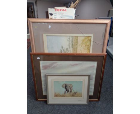 An Andrea Hellyar limited edition print, Winter Feeding, together with a Joe Irving watercolour entitled Amboseli Tuscar, and
