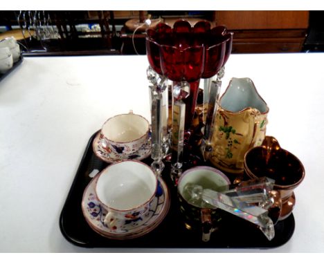 A tray of antique ceramics : copper lustre jugs, tankard, Welsh tea cups and saucers, 19 th century ruby glass lustre with dr