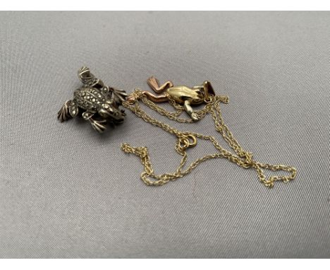 A vintage silver marcasite frog together with a further 9ct gold frog pendant on 9ct gold chain (weight 2.5g)