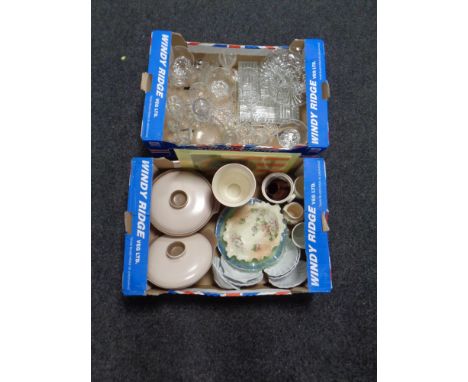 Two boxes containing miscellaneous glass and ceramics, decanters, serving dishes, tankards, Poole tureens, together with a Su