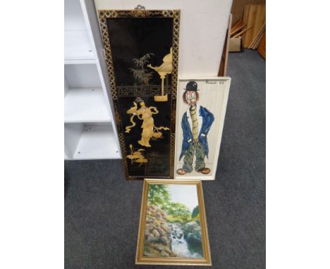 A Japanese black lacquered relief panel depicting a geisha together with a mid 20th century print of a clown and a R Moorhous