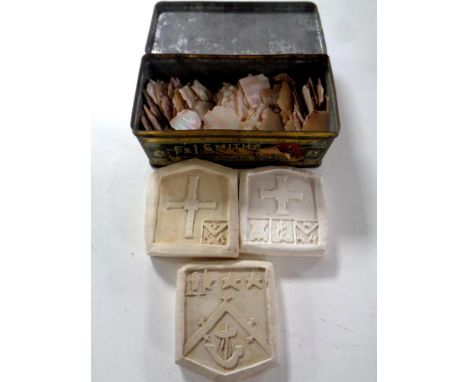 A vintage F &amp; J Smith tobacco tin containing mother of pearl together with three cork coat of arms plaques 