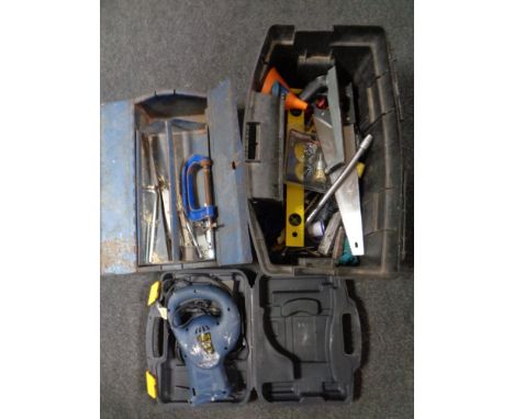 A crate of assorted hand tools, spirit level, cased reciprocating saw, together with a metal concertina tool box containing G