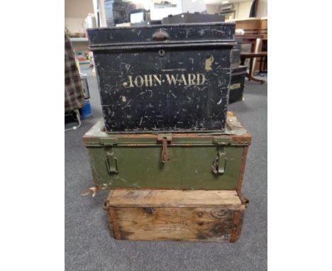 A wooden and metal ammunition crate together with an antique metal deed box 