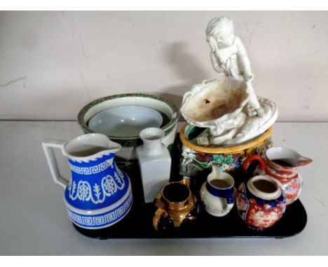 A tray containing antique and later ceramics to include Copeland Spode chamber pots, a Majolica terrene (no lid), oriental ju