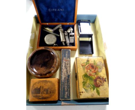 A box containing collectibles to include Waterman fountain pen box containing Milburn's High Force fountain pen with 14ct gol