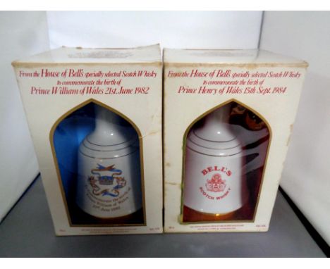 Two Bells Scotch whisky decanters to commemorate the birth of Prince William of Wales and Prince Henry of Wales, 50cl, in ori