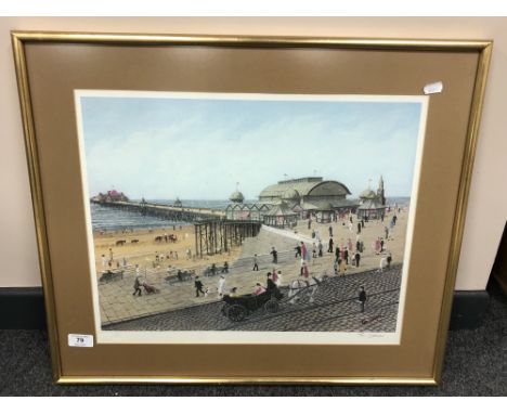 After Tom Dodson : Figures by a pier, colour print, 47 x 38 cm, signed, framed 