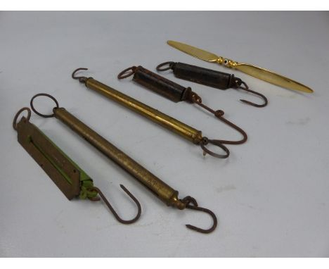 Small collection of Spring balance scales and a Gold plated propeller paper knife