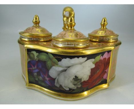 BARR, FLIGHT BARR (Worcester) 1807 -  1813. Triple inkstand, with Gilt Serpent handle. Finely painted panel to front depictin