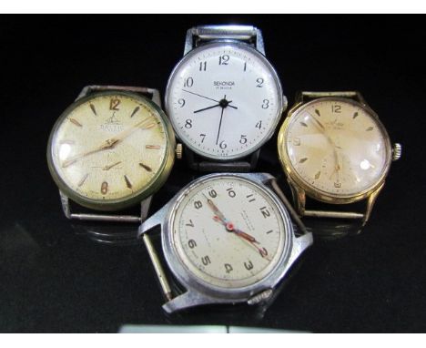 Four Vintage Gents watches to include Sekonda 17 jewels, Avia 15 jewels, Bonheur incabloc (no glass) and a Baltic 15 Rubis (a