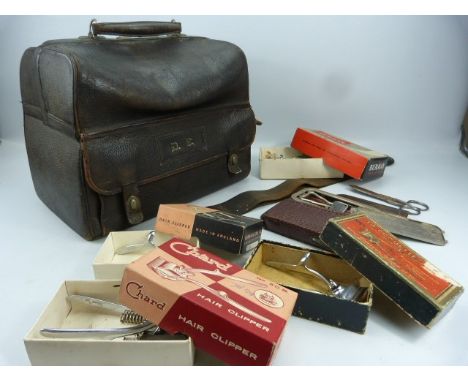 Vintage Barber/Doctors case with barber equipment in. 