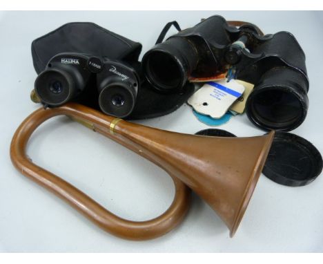 Two pairs of vintage binoculars, copper horn etc