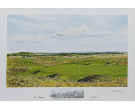 BILL WAUGH (SCOTTISH CONTEMPORARY), MUIRFIELD 13TH HOLE print on paper, signed 28cm x 47cm Mounted and unframed