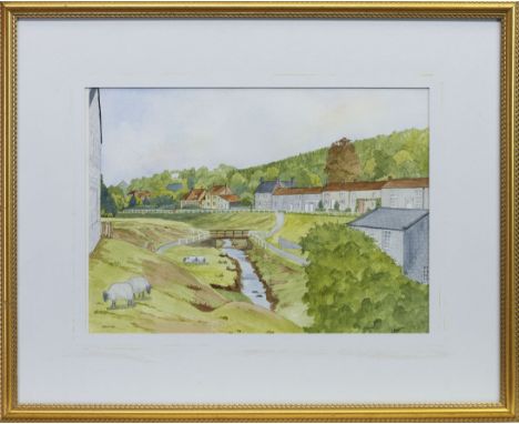 J BEDFORD, HUTTON-LE-HOLE watercolour on paper, signed 25cm x 35cm Mounted, framed and under glass Handwritten label verso