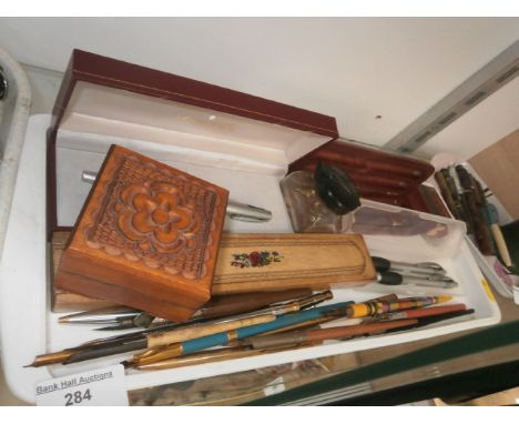 tray of pens,inkwell & pencil box