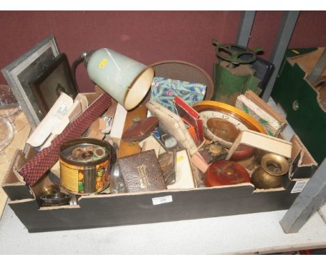 box of collectables inc. scales,clocks and buttons etc