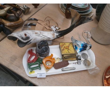 tray inc. bakelite napkin rings,paperweights and fish clock