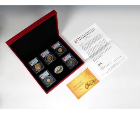 A People's Republic of China Five-piece gold First Strike Prestige Panda Set 2013, 20, 50, 100, 200, and 500 Yuan - PCGS grad