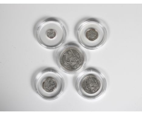 A 2019 five coin silver proof set: Forever the First Sovereign The London Mint Office, .999, Double, Full, Half, Quarter, Qui