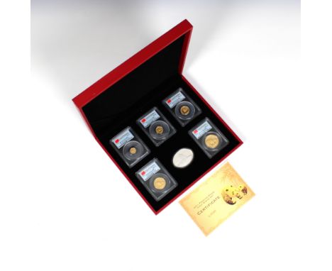 A People's Republic of China Five-piece gold First Strike Prestige Panda Set 2011, 20, 50, 100, 200, and 500 Yuan - PCGS grad