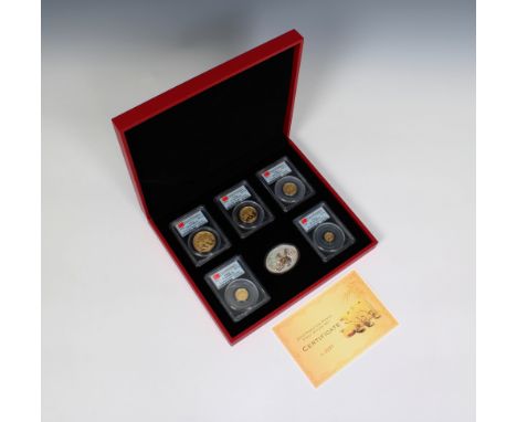 A People's Republic of China Five-piece gold First Strike Prestige Panda Set 2010, 20, 50, 100, 200, and 500 Yuan - PCGS grad