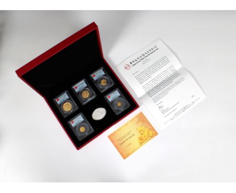 A People's Republic of China Five-piece gold First Strike Prestige Panda Set 2012, 20, 50, 100, 200, and 500 Yuan - PCGS grad