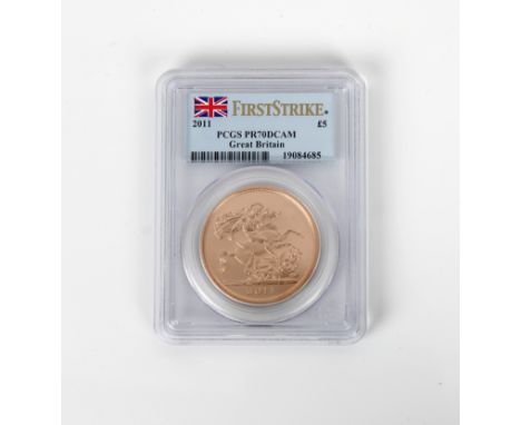 A St. George 2011 First Strike Five-Pound Gold Sovereign - PCGS graded grade - PR70DCAM, No. 19084685.
