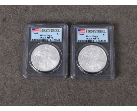 Two x 2009 Silver Eagle (first strike) $1 coins both MS 70, certificate numbers 14178533 &amp; 14178534. (2)