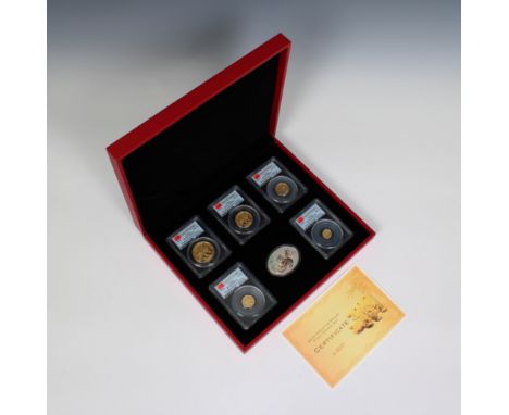 People's Republic of China Five-piece gold First Strike Prestige Panda Set 2010, 20, 50, 100, 200, and 500 Yuan - PCGS graded