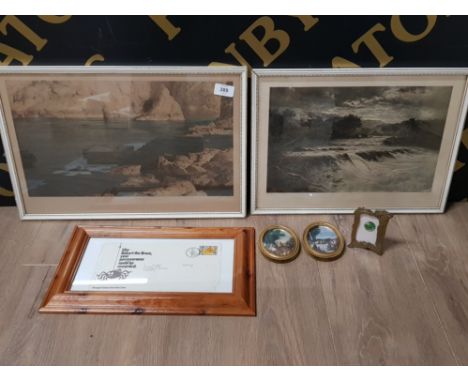 FANTASTIC MINATURE ART DECO FRAME CONTAINING HAND PAINTED PENNY COIN TOGETHER WITH A PAIR OF OVAL SHAPED SILKS, 2 PRINTS AND 