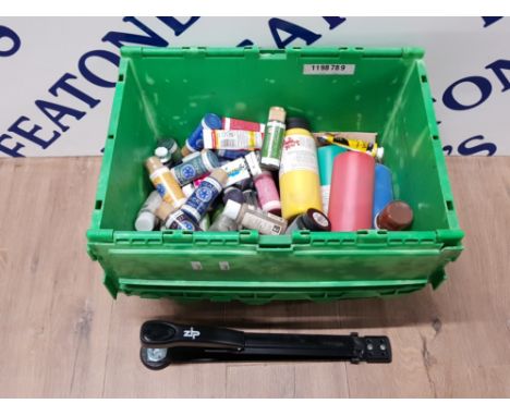 ZIP LONG ARM STAPLER TOGETHER WITH A BOX CONTAINING A LARGE QUANTITY OF ACRYLIC PAINTS ETC