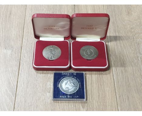 1969 APOLLO XI MAN'S FIRST LANDING ON THE MOON TOGETHER WITH 2 1984 OLYMPICS MEDALLIONS