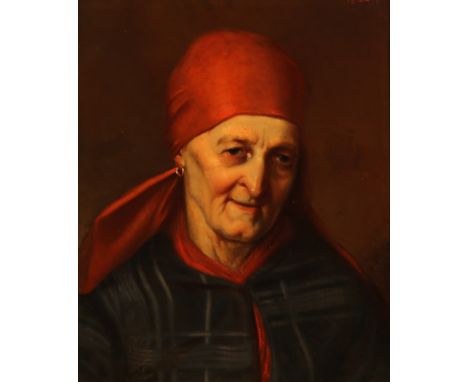 Monogramist W.L., 1857 dat., Portrait einer Bäuerin mit rotem Kopftuch, Öl/Lwd. 45 x 36,5 cm, R