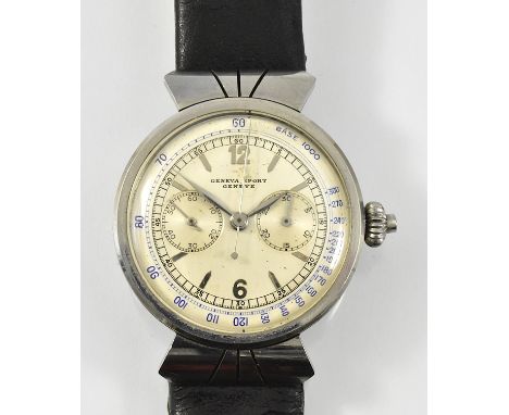 Seltene Herrenarmbanduhr, sog. Chronograph. Stahlgehäuse mit dekorativen Anstössen, cremefarbenes Zifferblatt, bez. 'Genèva S