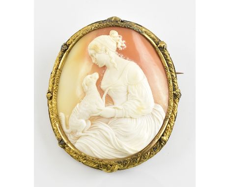 Außergewöhnliche Kameebrosche. Meisterlich geschnittene Muschelkamee mit Portrait einer sitzenden, jungen Frau und ihrem Scho