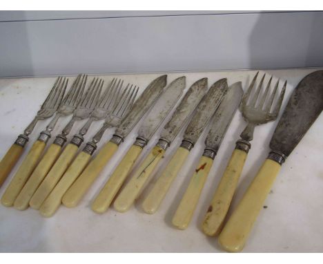 A William Hutton &amp; Sons Ltd silver fish cutlery set for five setting together with matching pair of servers, ivory handle