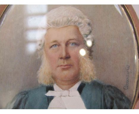 A 19th Century oval miniature on ivory, portrait of a Barrister. Signed Cosway lower right. Set in a hallmarked frame. 6.5cm 