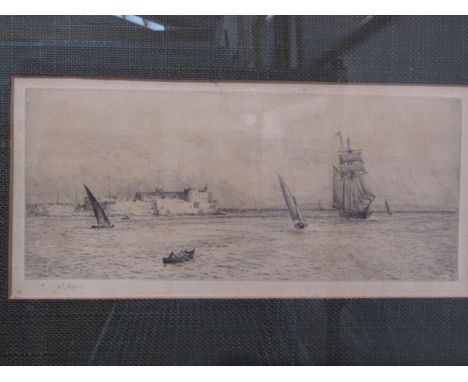 WILLIAM LIONEL WYLLIE (1851-1931): An etching depicting sailing and rowing vessels passing fortified coast, a8.5cm x 40cm, fr