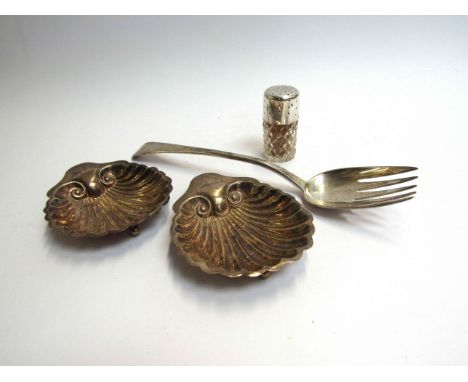 A Georgian silver serving fork by William Eley &amp; William Fearn London 1805, pair of James Deakin &amp; Sons silver scallo