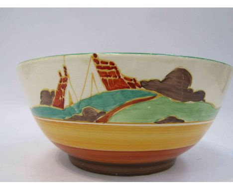 A Clarice Cliff Bizarre Fantasque Secrets pattern bowl, greens and oranges, 19cm diameter