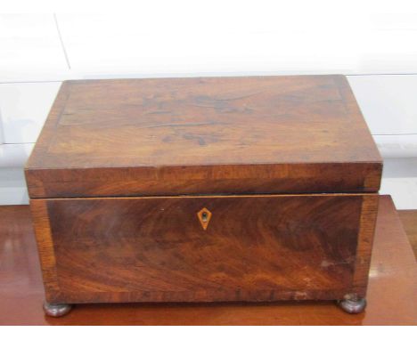 A Georgian flame mahogany sewing box of caddy form, lift-out tray, on squashed bun feet