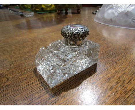 A silver and crystal glass inkwell, silver top loose