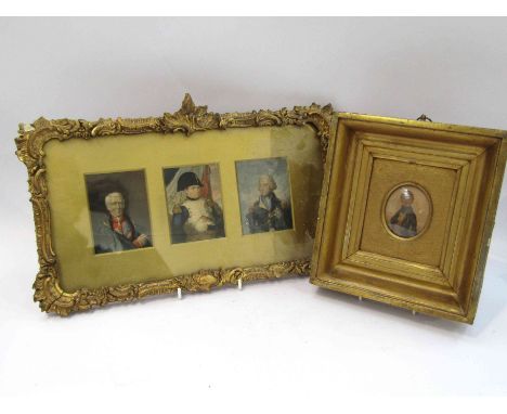 A framed as one 3 printed portraits of Wellington, Napoleon and Nelson, together with a miniature portrait of a gentleman (2)
